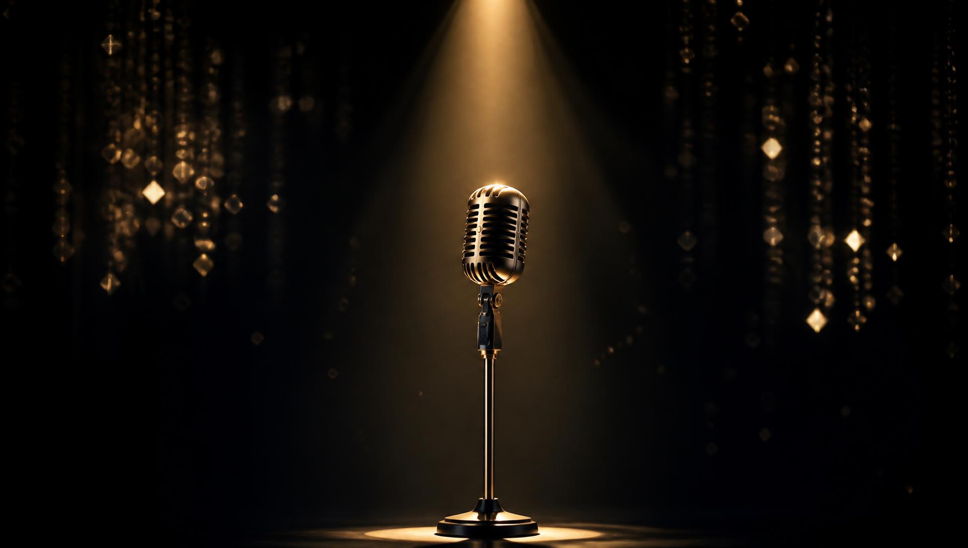 Mikrofon ve zlatém světle reflektoru na pódiu festivalu Diamond's Voice